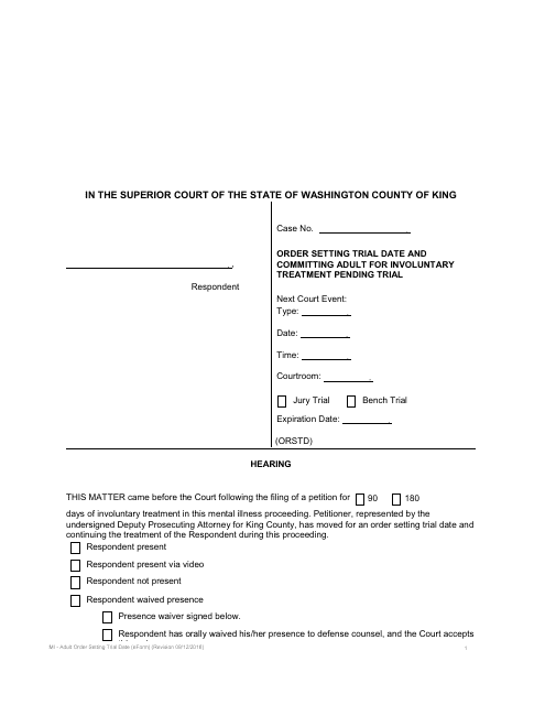 Order Setting Trial Date and Committing Adult for Involuntary Treatment Pending Trial - KIng County, Washington Download Pdf