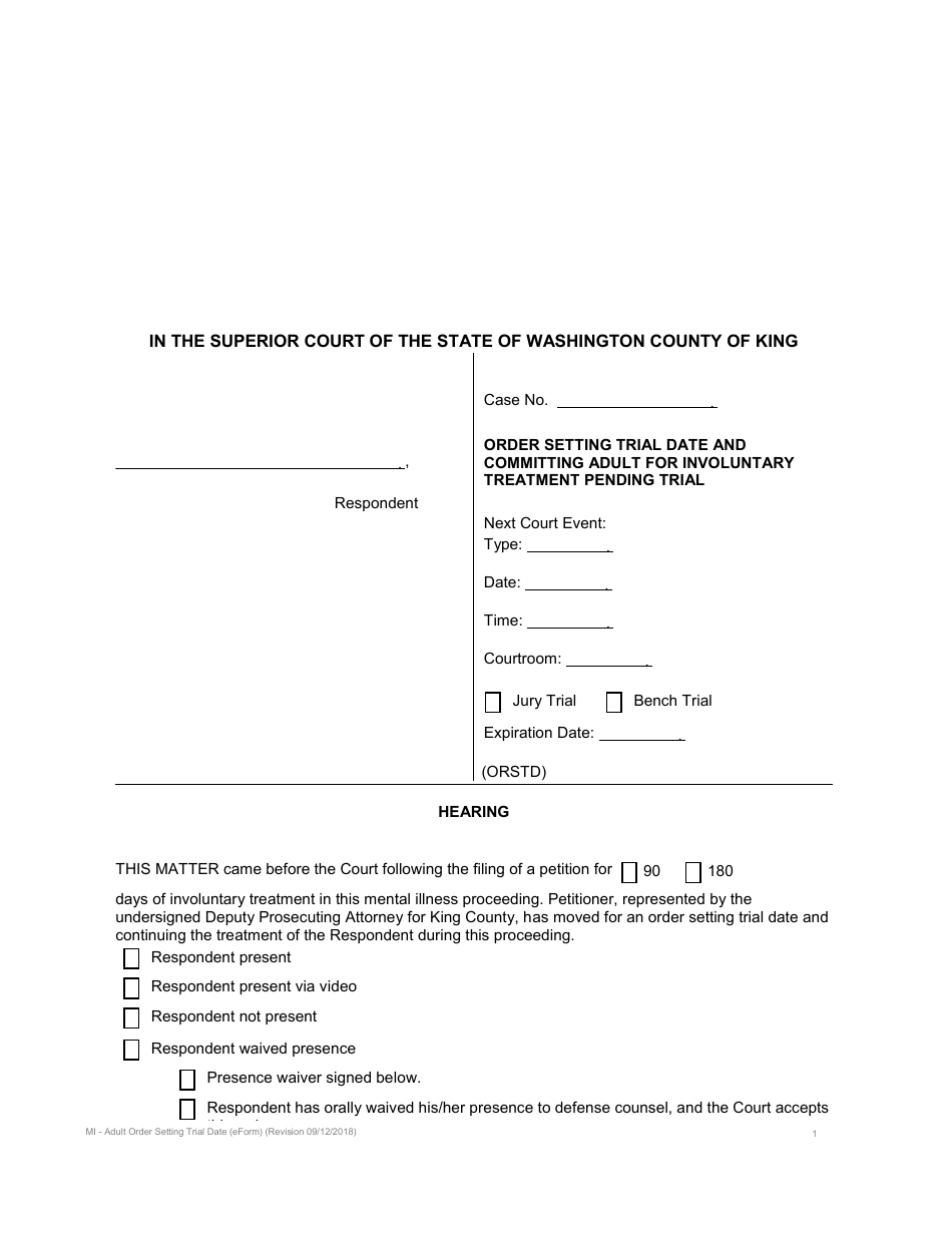 Order Setting Trial Date and Committing Adult for Involuntary Treatment Pending Trial - KIng County, Washington, Page 1