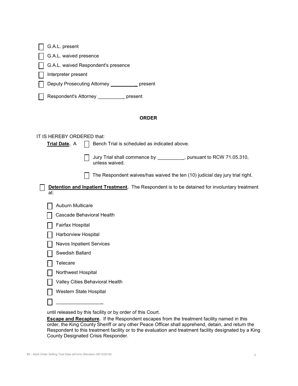 Order Setting Trial Date and Committing Adult for Involuntary Treatment Pending Trial - KIng County, Washington, Page 2