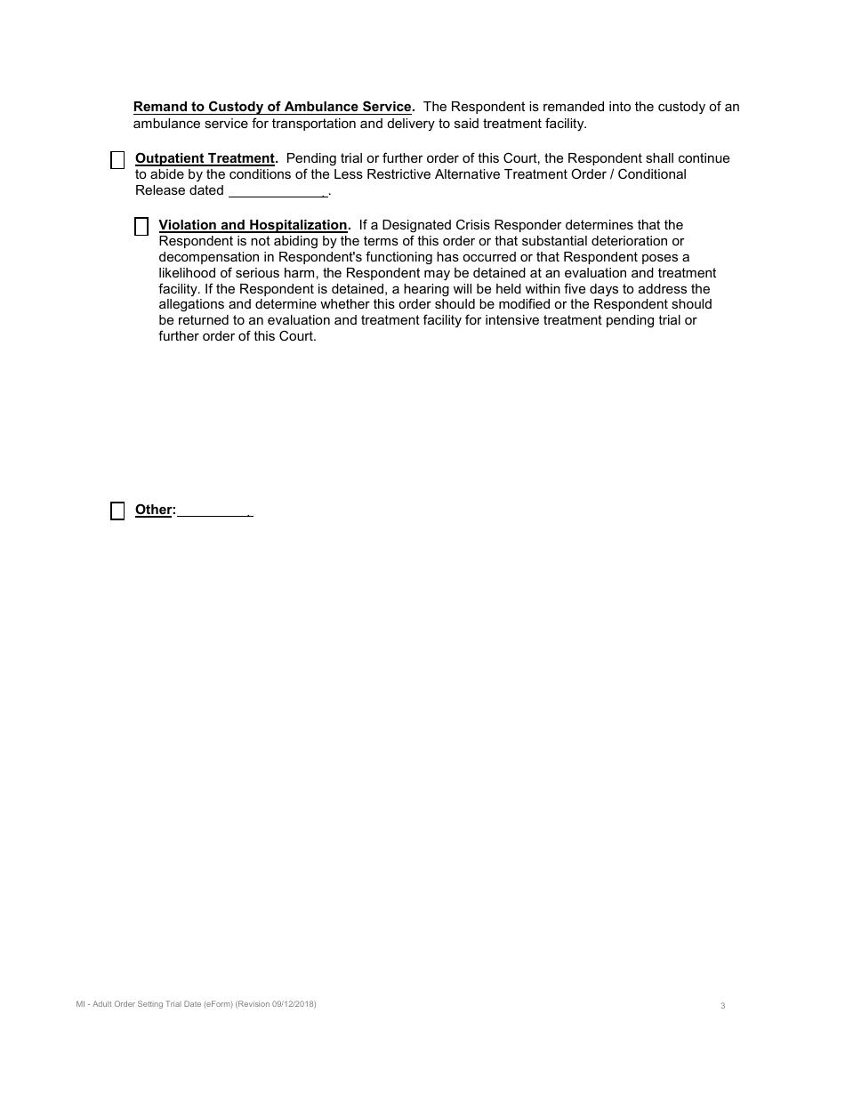 Order Setting Trial Date and Committing Adult for Involuntary Treatment Pending Trial - KIng County, Washington, Page 3
