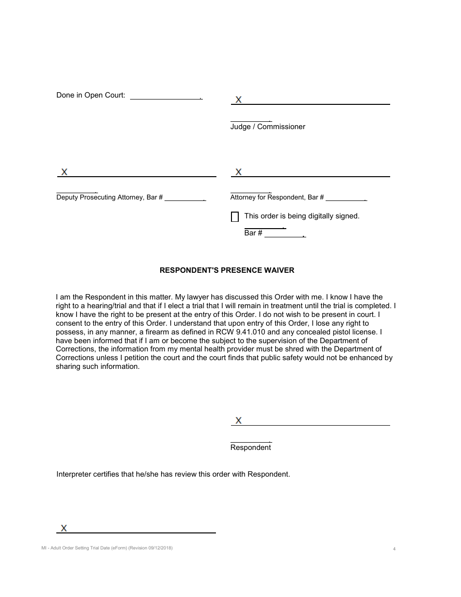 Order Setting Trial Date and Committing Adult for Involuntary Treatment Pending Trial - KIng County, Washington, Page 4