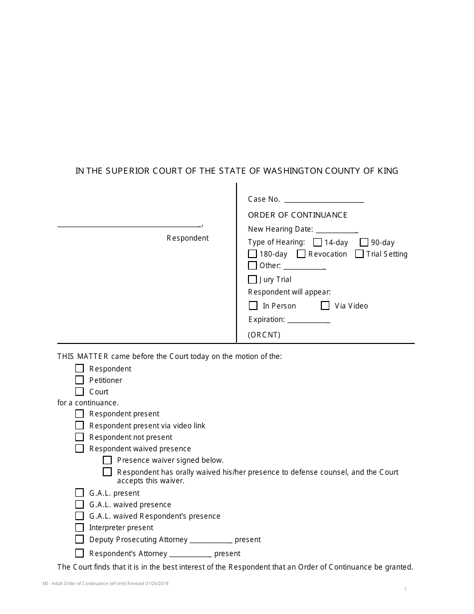 Adult Order of Continuance - King County, Washington, Page 1