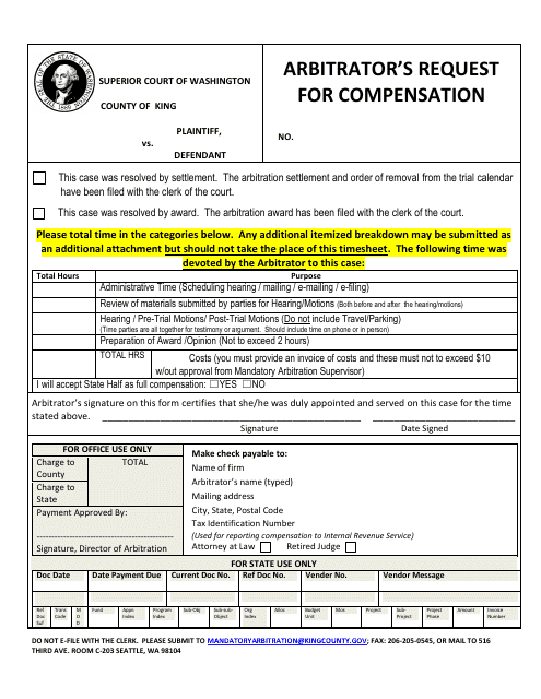 Arbitrator's Request for Compensation - King County, Washington Download Pdf
