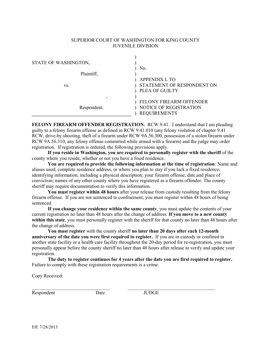 Appendix L Felony Firearm Offender Notice of Registration Requirements - King County, Washington, Page 1