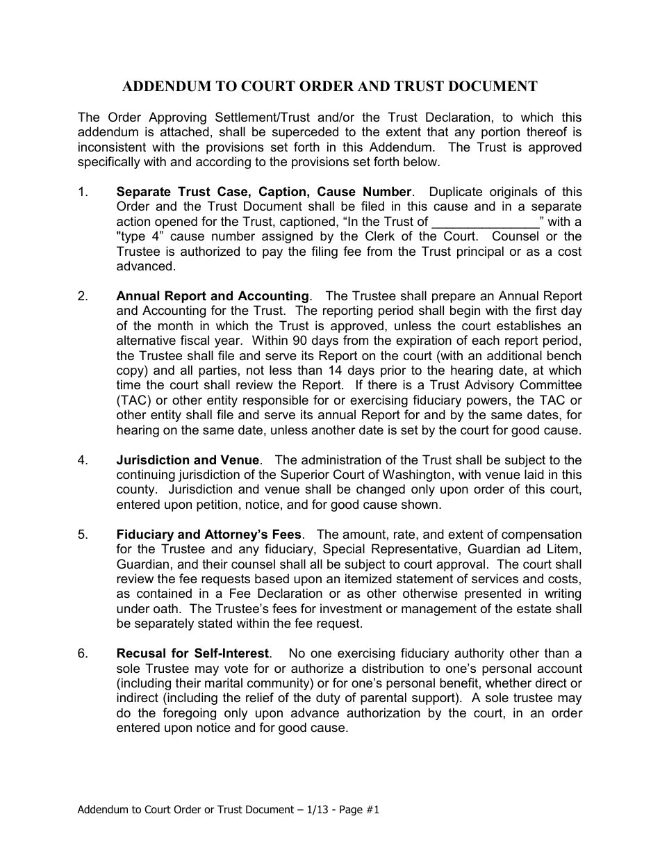 Addendum to Court Order and Trust Document - King County, Washington, Page 1