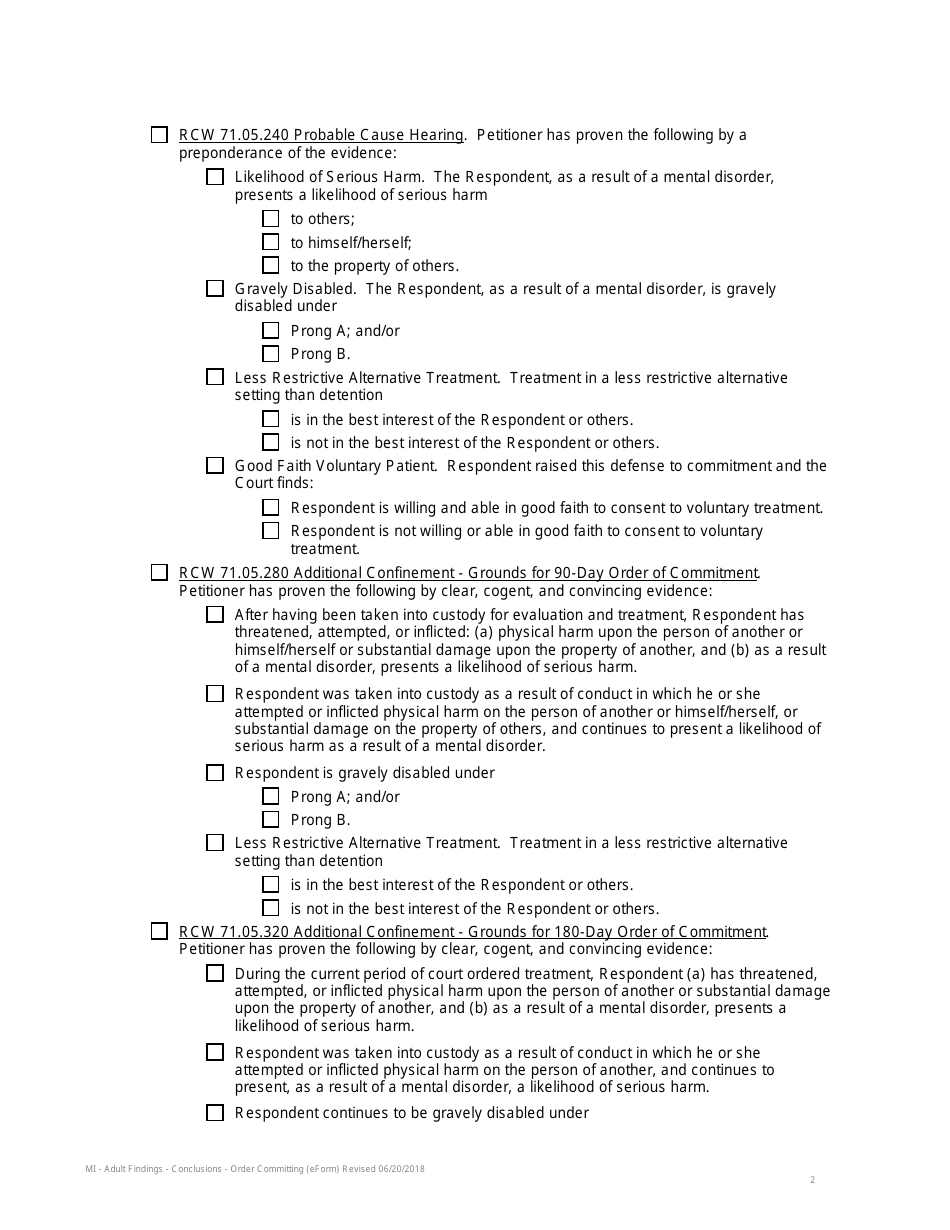 Findings of Fact, Conclusions of Law, and Order Committing Respondent for Involuntary Treatment - Adult Findings - King Conty, Washington, Page 2