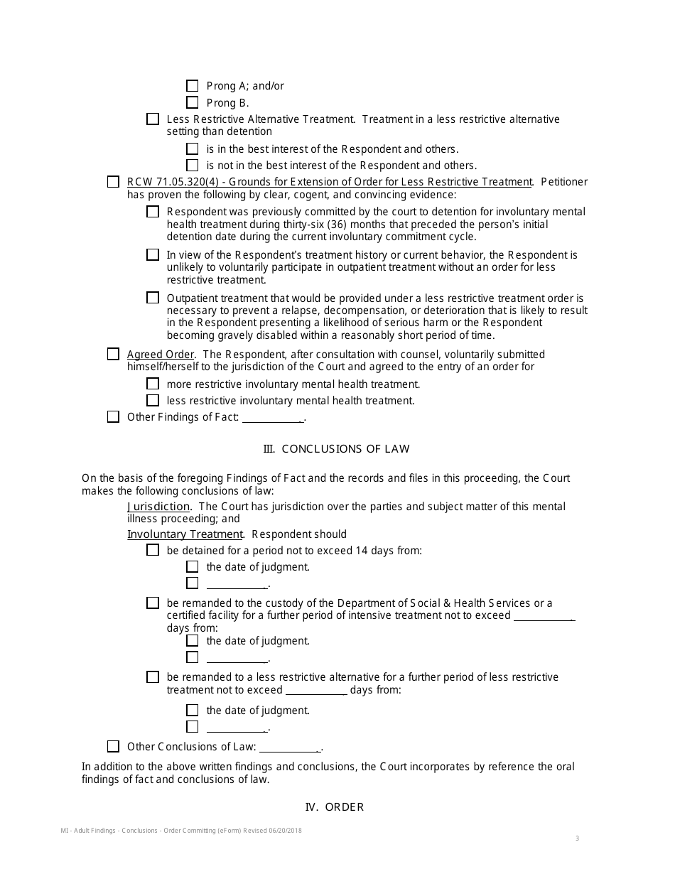 Findings of Fact, Conclusions of Law, and Order Committing Respondent for Involuntary Treatment - Adult Findings - King Conty, Washington, Page 3