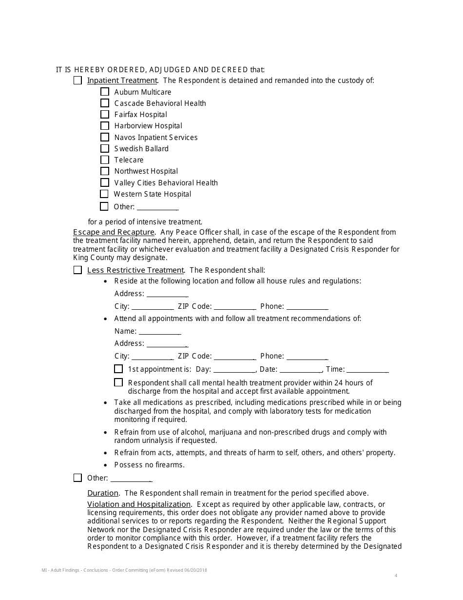 Findings of Fact, Conclusions of Law, and Order Committing Respondent for Involuntary Treatment - Adult Findings - King Conty, Washington, Page 4