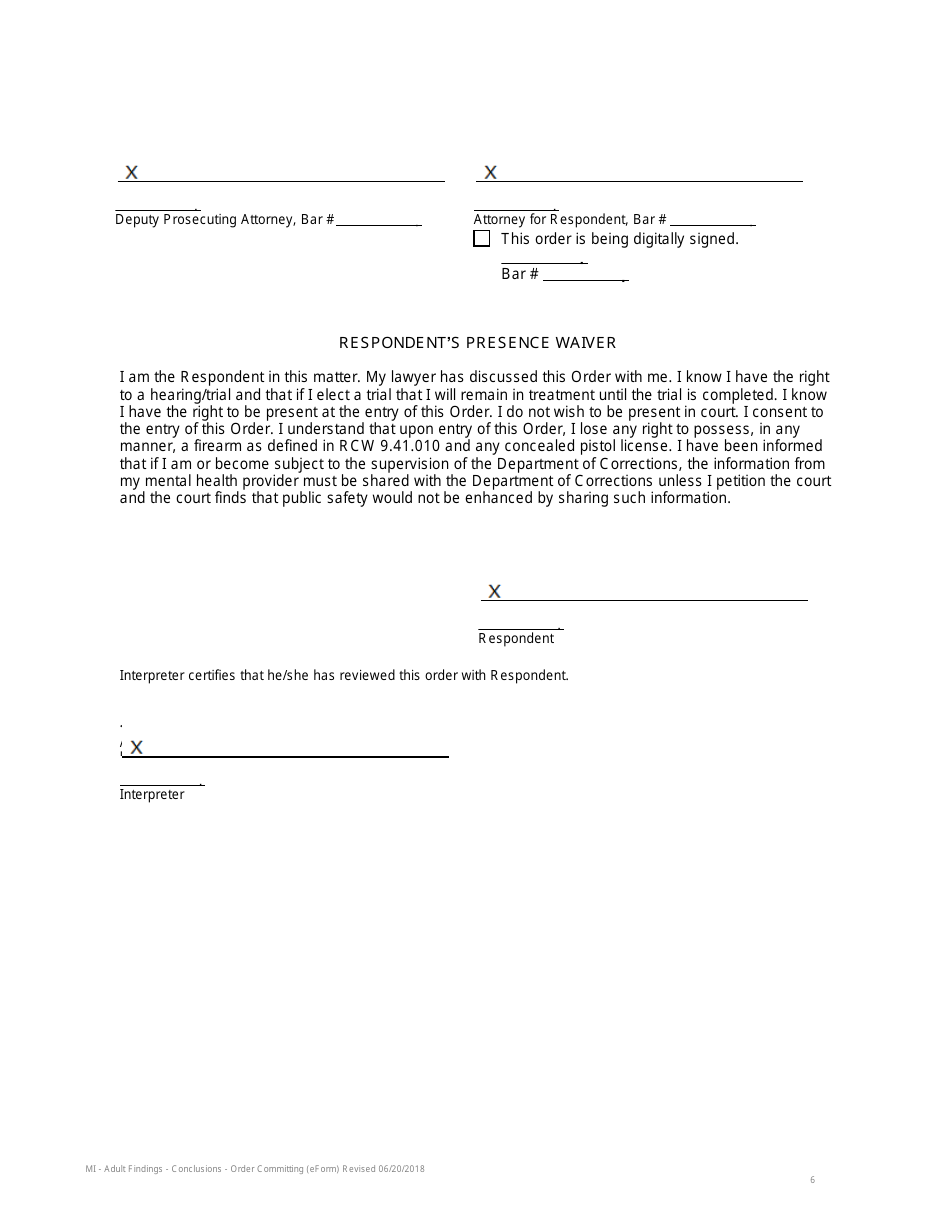Findings of Fact, Conclusions of Law, and Order Committing Respondent for Involuntary Treatment - Adult Findings - King Conty, Washington, Page 6
