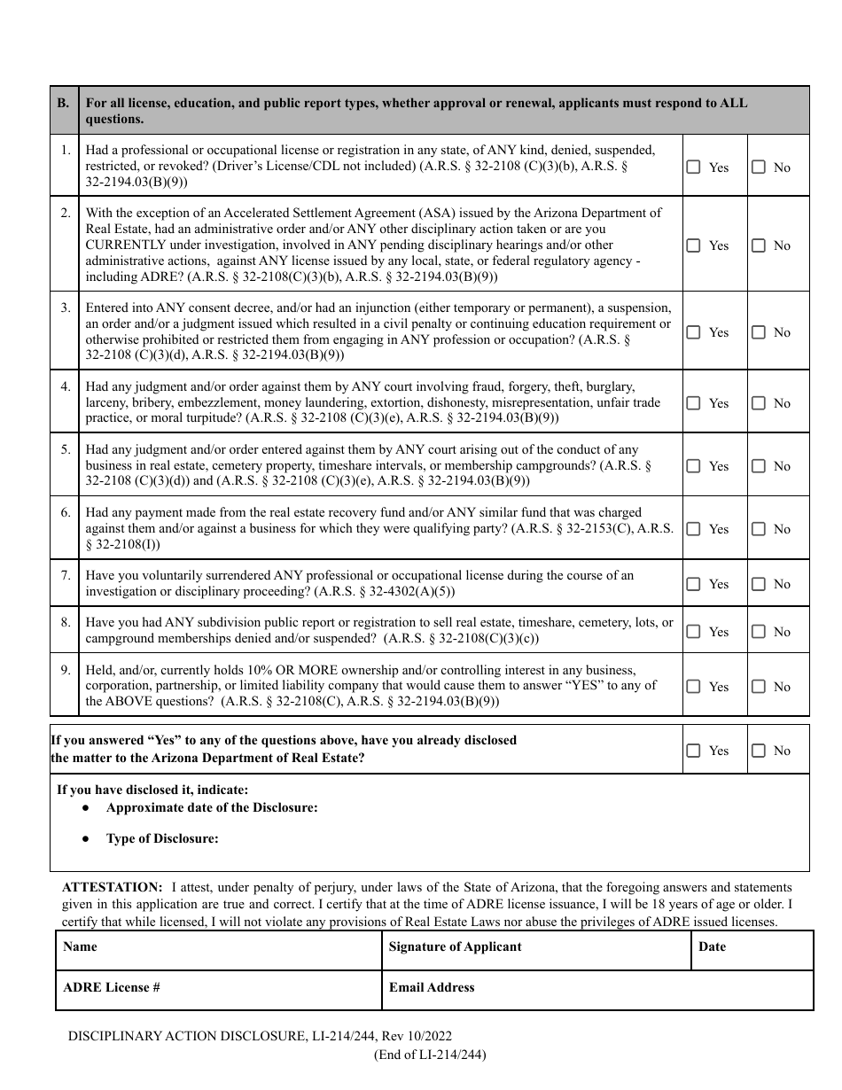 Form LI-214 / 244 Disciplinary Actions Disclosure - Arizona, Page 2