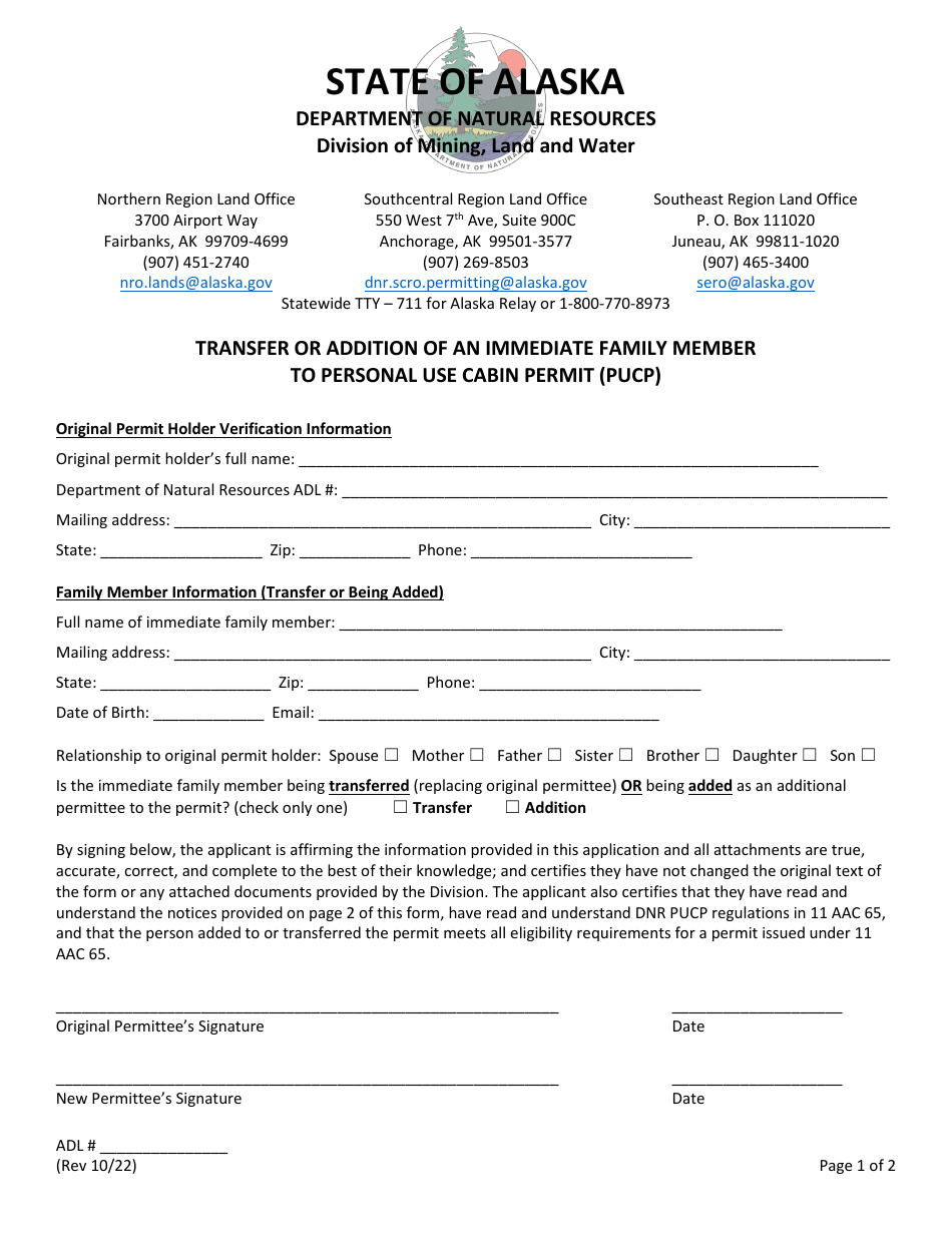 Transfer or Addition of an Immediate Family Member to Personal Use Cabin Permit (Pucp) - Alaska, Page 1
