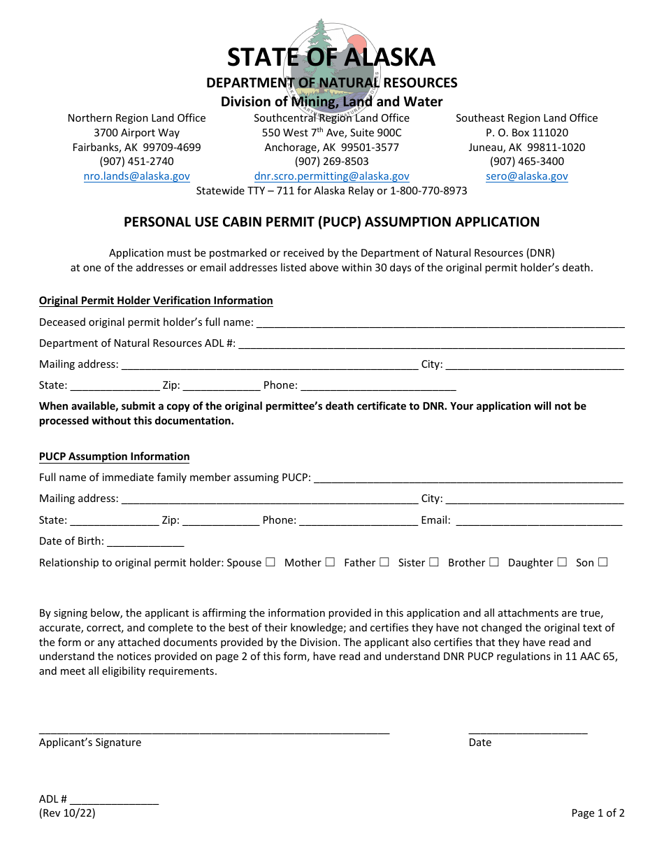 Personal Use Cabin Permit (Pucp) Assumption Application - Alaska, Page 1