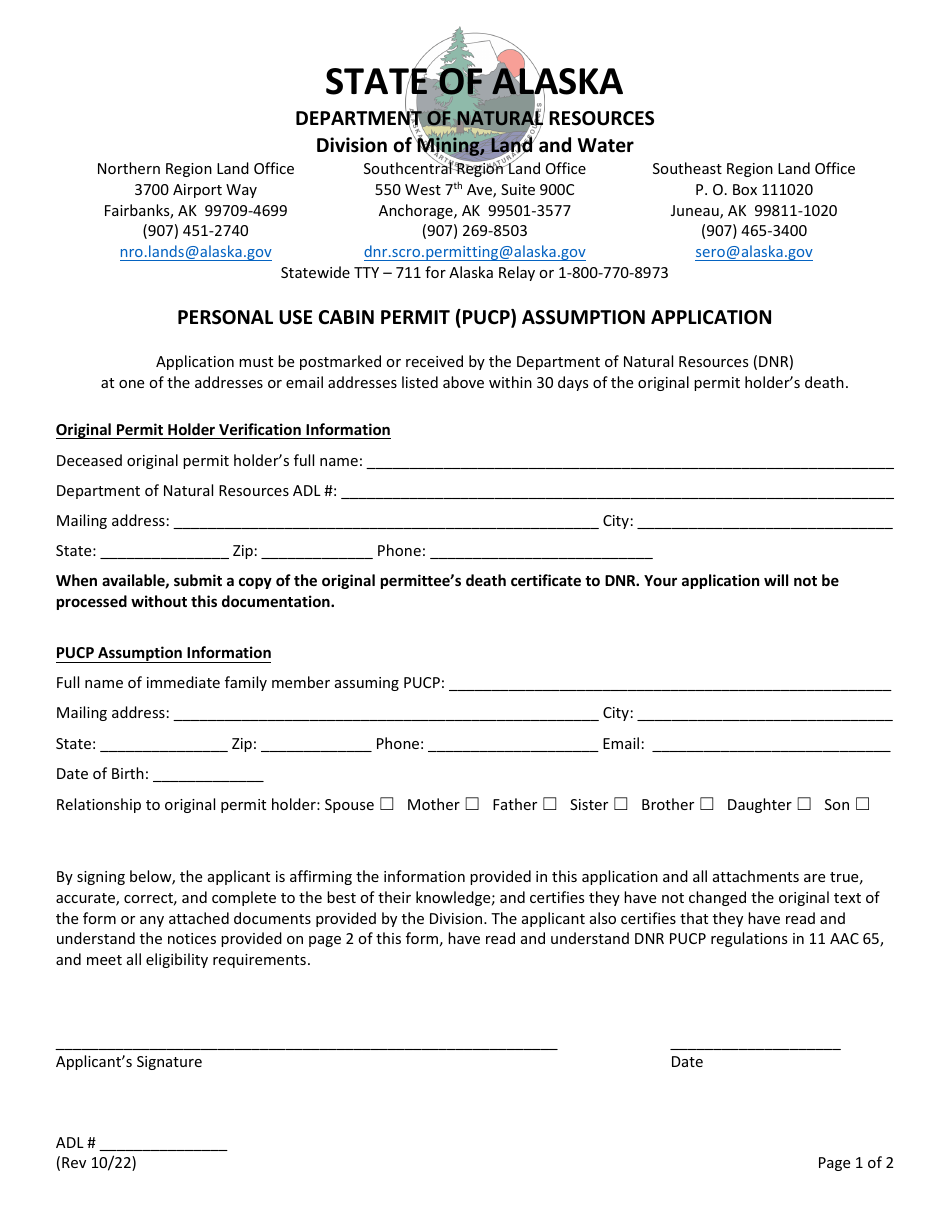 Alaska Personal Use Cabin Permit (Pucp) Assumption Application Fill