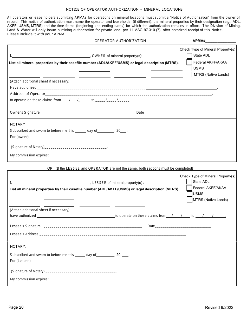 Alaska Notice of Operator Authorization - Mineral Locations - Fill Out ...