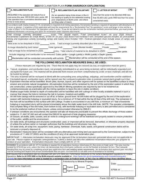 Form 102-4071 Reclamation Plan Form (Hardrock Exploration) - Alaska, 2023