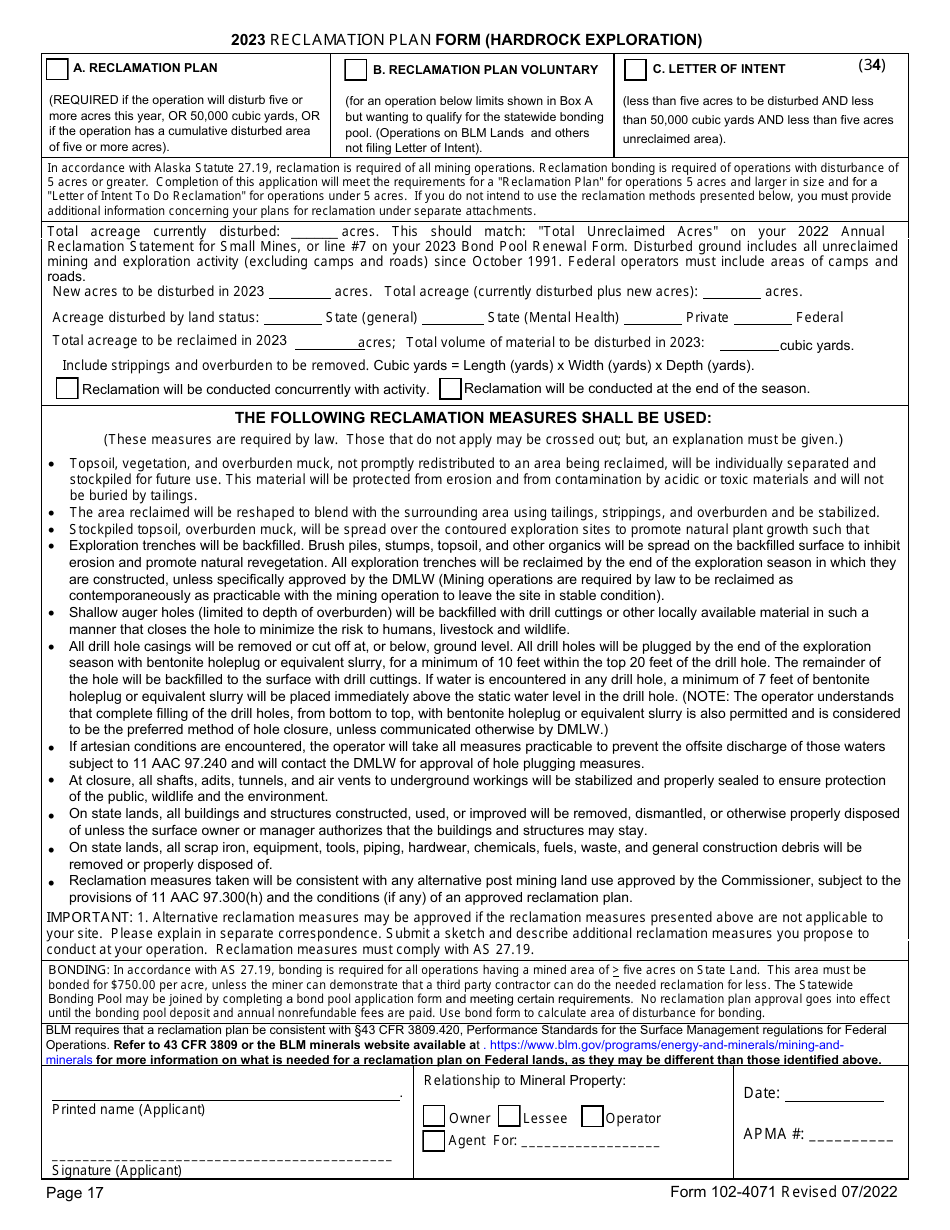 Form 102-4071 Reclamation Plan Form (Hardrock Exploration) - Alaska, Page 1