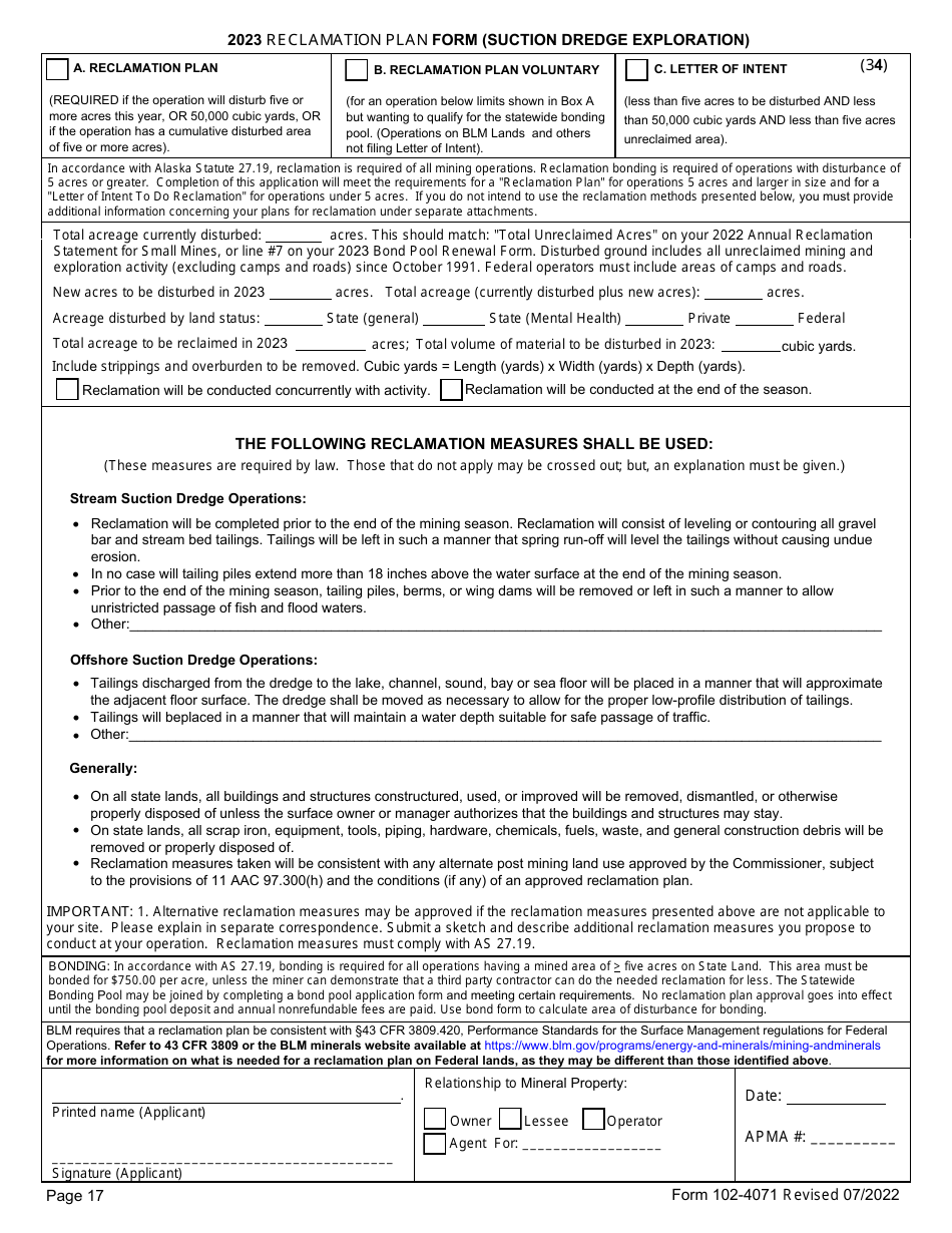 Form 102-4071 Reclamation Plan Form (Suction Dredge Exploration) - Alaska, Page 1