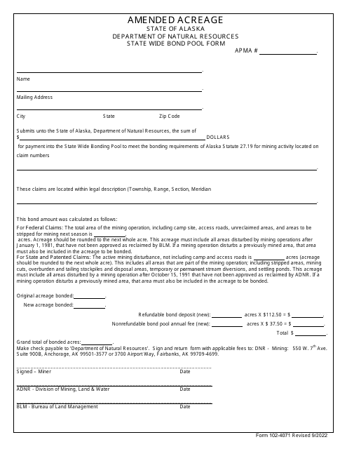 Form 102-4071 State Wide Bond Pool Form - Amended Acreage - Alaska