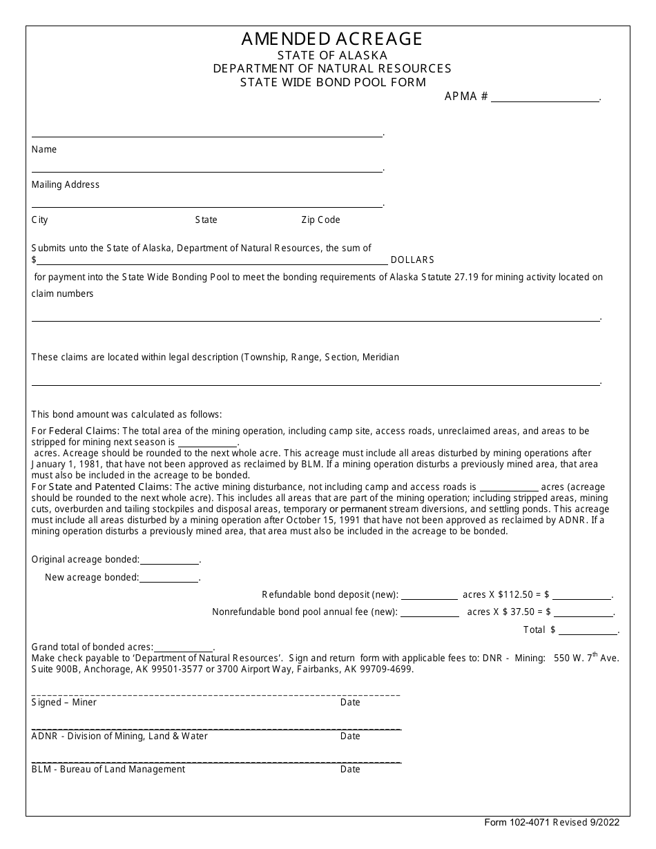 Form 102-4071 State Wide Bond Pool Form - Amended Acreage - Alaska, Page 1