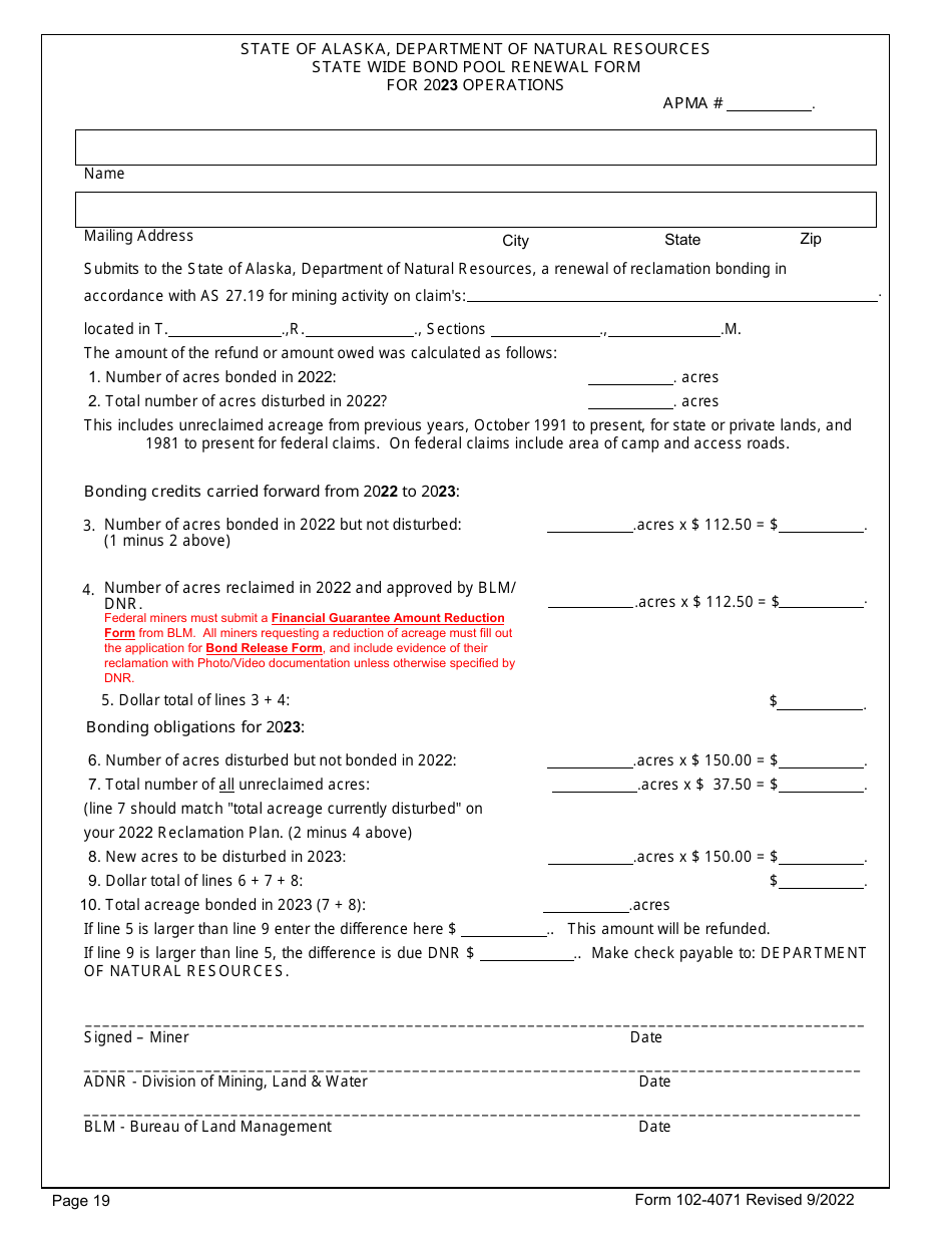 Form 102-4071 State Wide Bond Pool Renewal Form - Alaska, Page 1