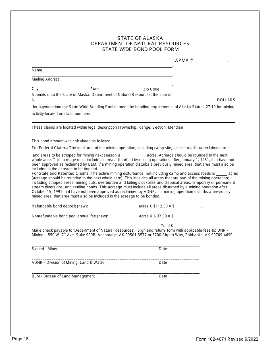Form 102-4071 State Wide Bond Pool Form - Alaska, Page 1