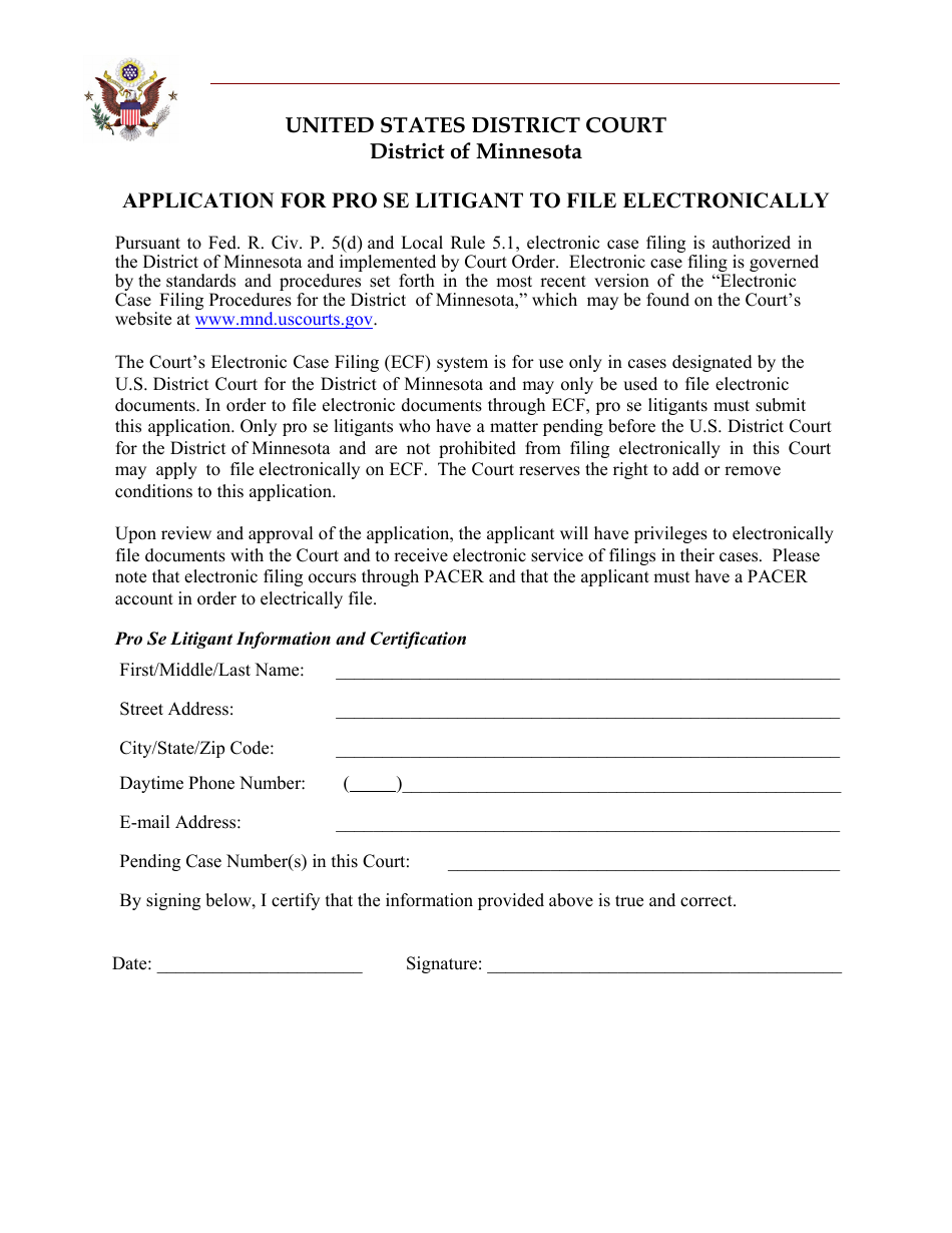 Application for Pro Se Litigant to File Electronically - Minnesota, Page 1