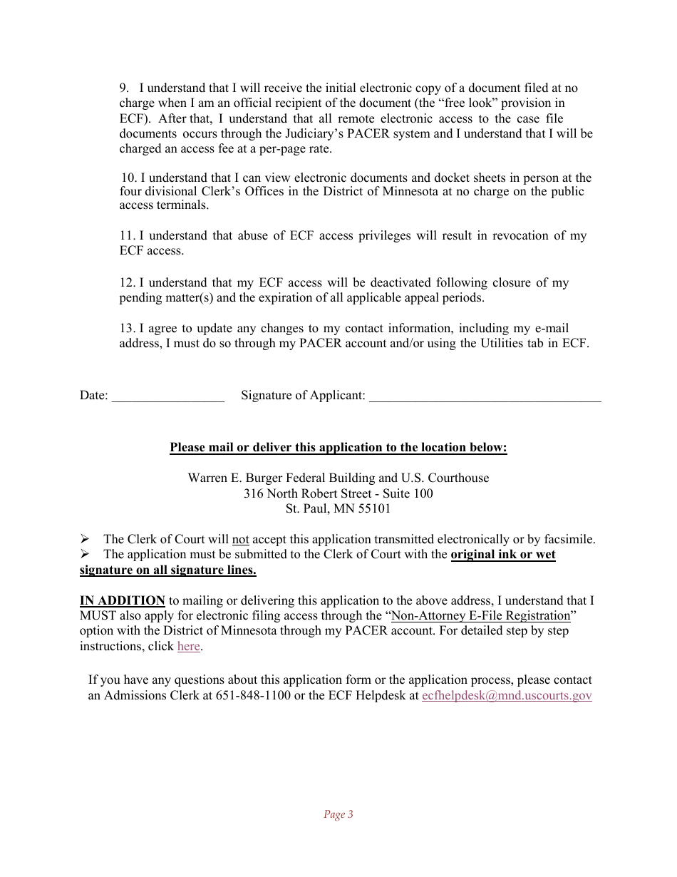 Application for Pro Se Litigant to File Electronically - Minnesota, Page 3