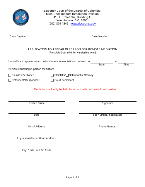 Application to Appear in Person for Remote Mediation - Washington, D.C. Download Pdf