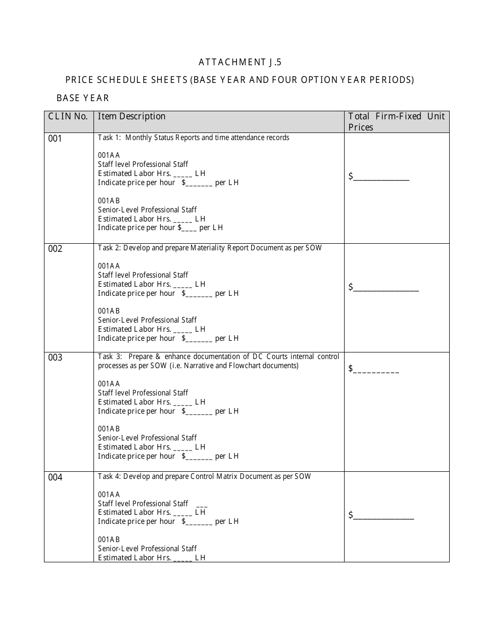 Attachment J.5 Price Schedule Sheets (Base Year and Four Option Year Periods) - Washington, D.C., Page 1
