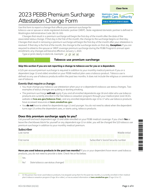Form HCA50-0563 Pebb Premium Surcharge Attestation Change Form - Washington, 2023