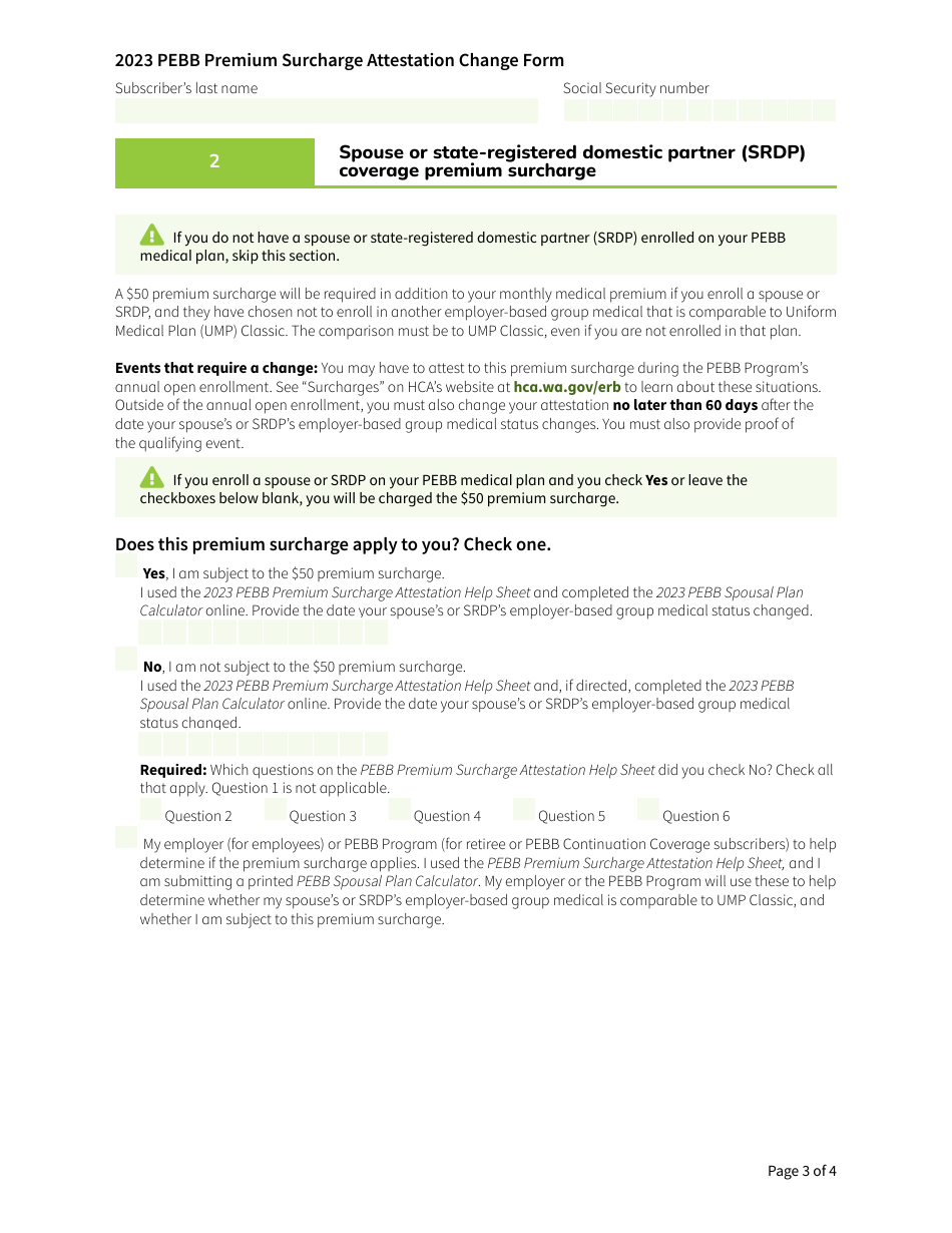 Form HCA50-0563 Pebb Premium Surcharge Attestation Change Form - Washington, Page 3