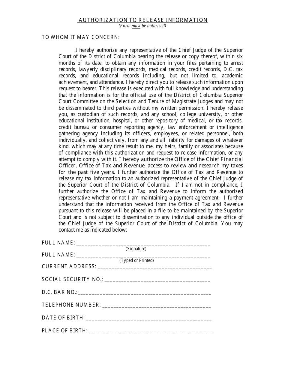 Washington, D.C. Authorization to Release Information - Fill Out, Sign ...