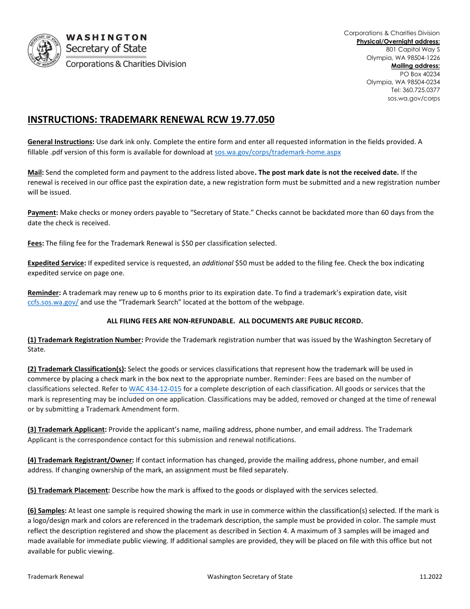 Washington Trademark Renewal Fill Out, Sign Online and Download PDF