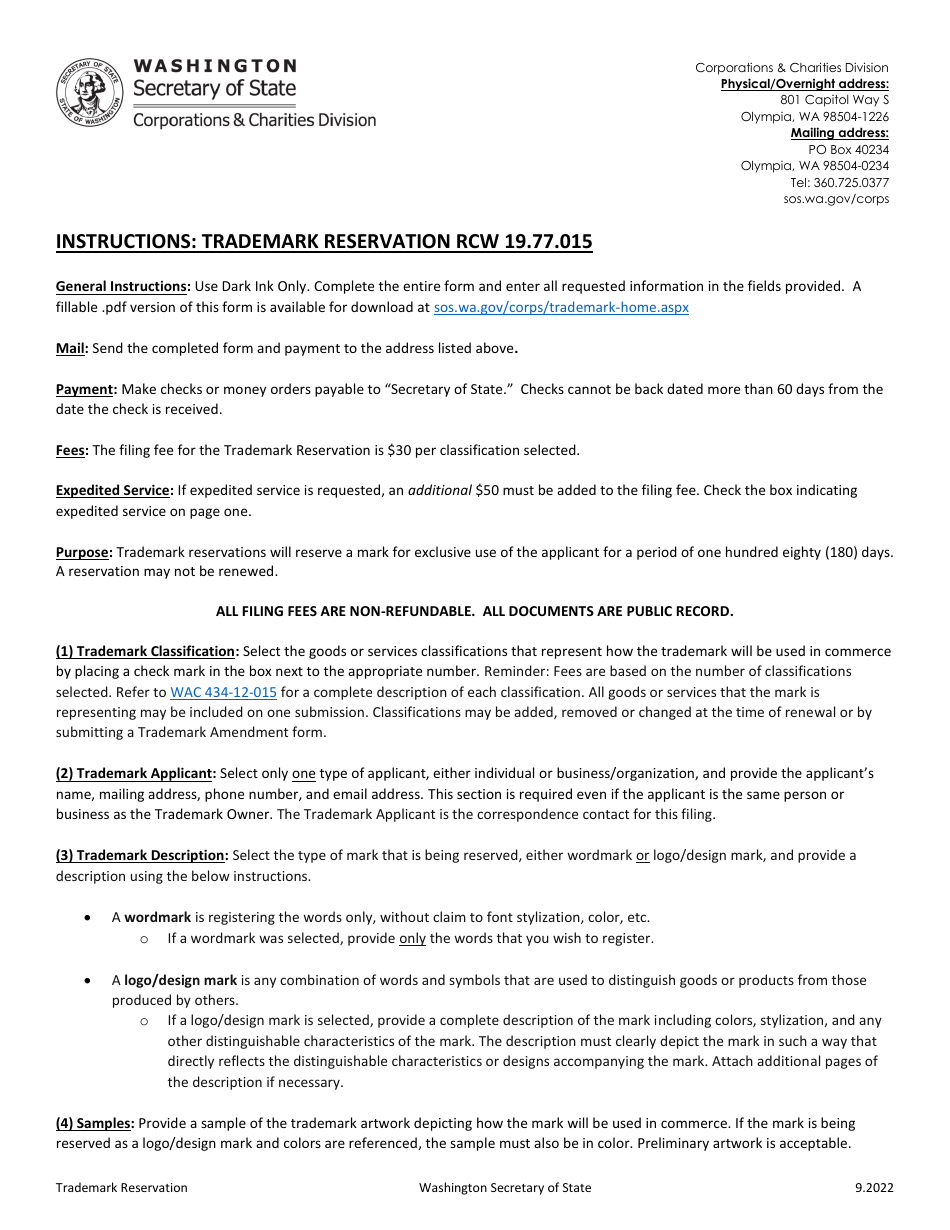 Trademark Reservation - Washington, Page 1