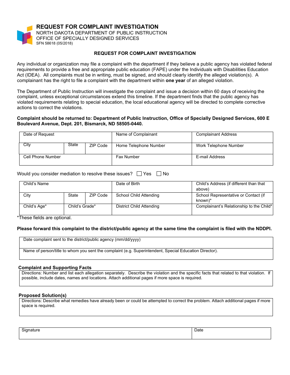Form SFN58618 Request for Complaint Investigation - North Dakota, Page 1
