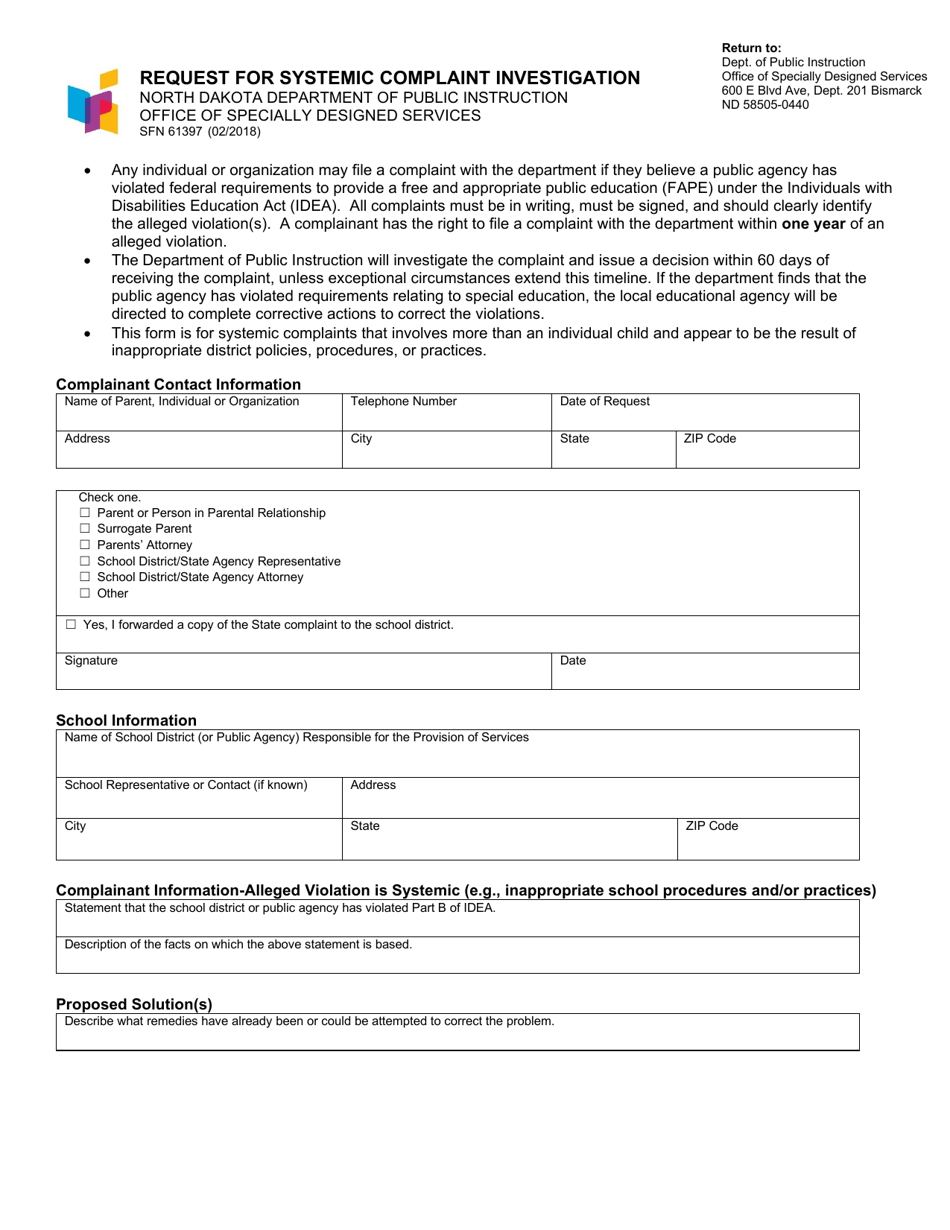 Form SFN61397 Request for Systemic Complaint Investigation - North Dakota, Page 1