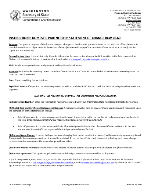 Domestic Partnership Statement of Change - Washington Download Pdf