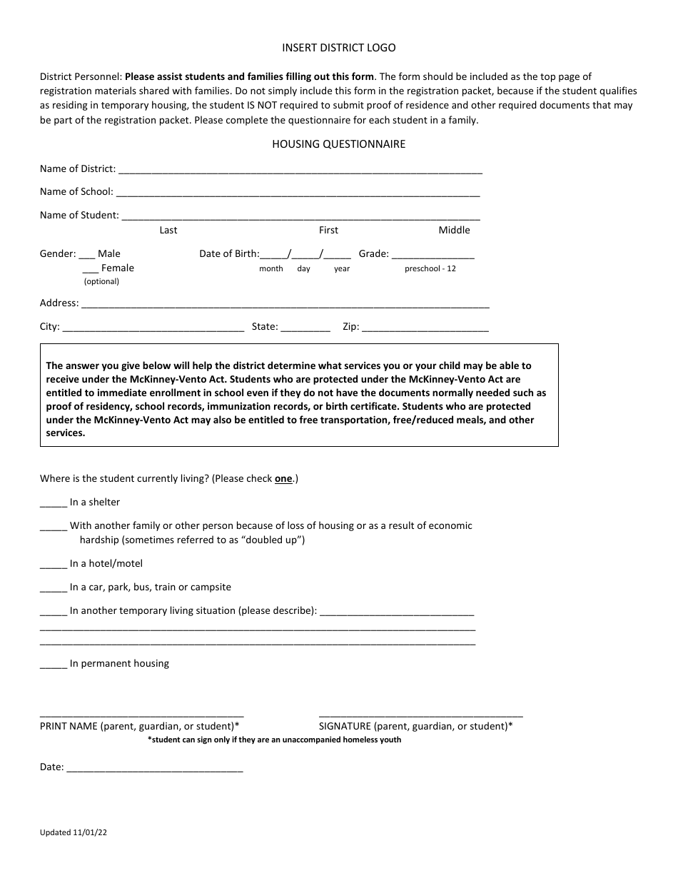 Housing Questionnaire - North Dakota, Page 1