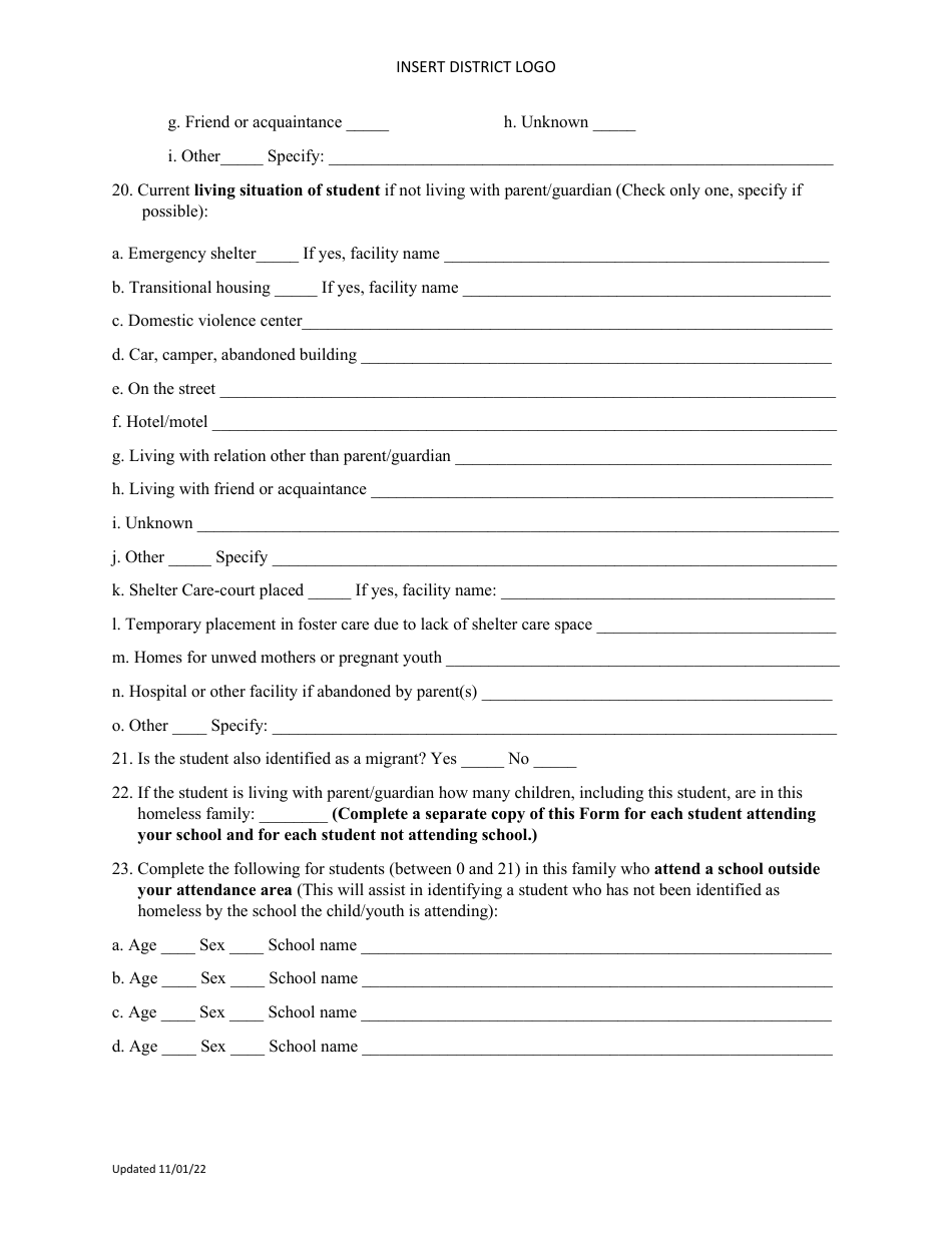 Individual Student Needs Assessment Form - Preschool and School Age Children and Youth Living in Homeless Situations - North Dakota, Page 4