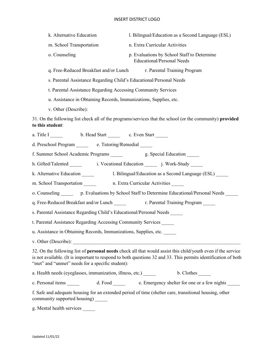 Individual Student Needs Assessment Form - Preschool and School Age Children and Youth Living in Homeless Situations - North Dakota, Page 7
