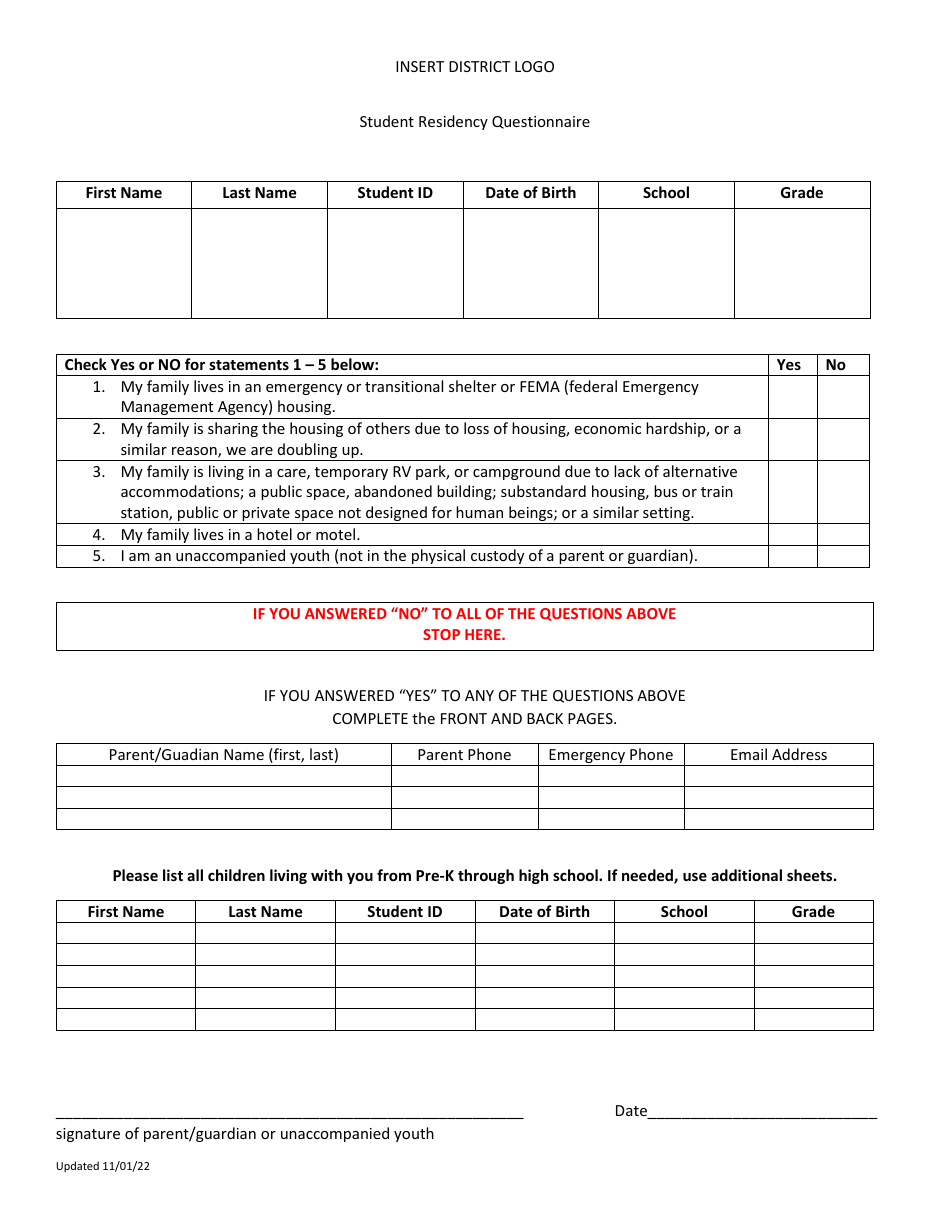 Student Residency Questionnaire - North Dakota, Page 1