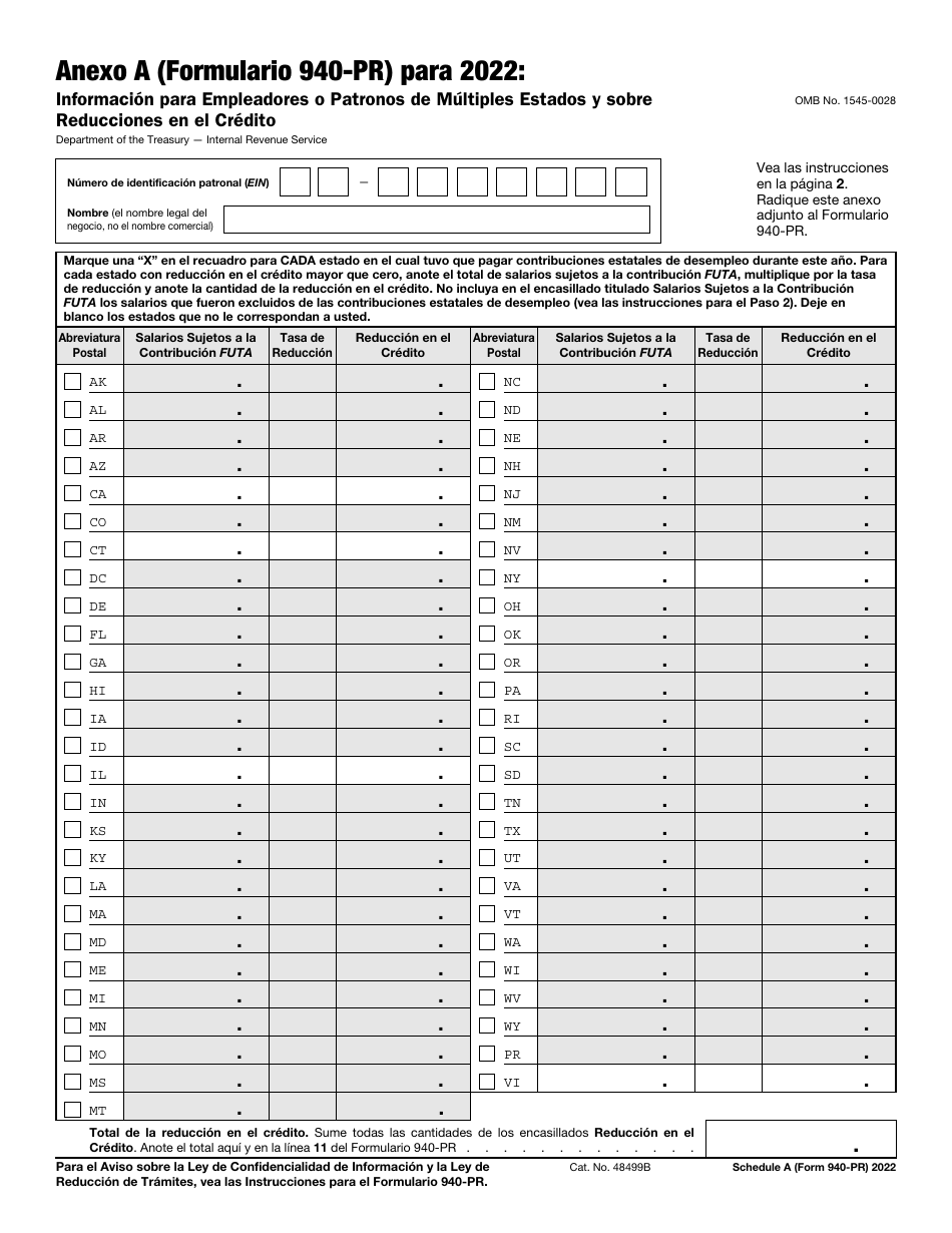IRS Formulario 940-PR Anexo A Informacion Para Empleadores O Patronos De Multiples Estados Y Sobre Reducciones En El Credito (Puerto Rican Spanish), Page 1