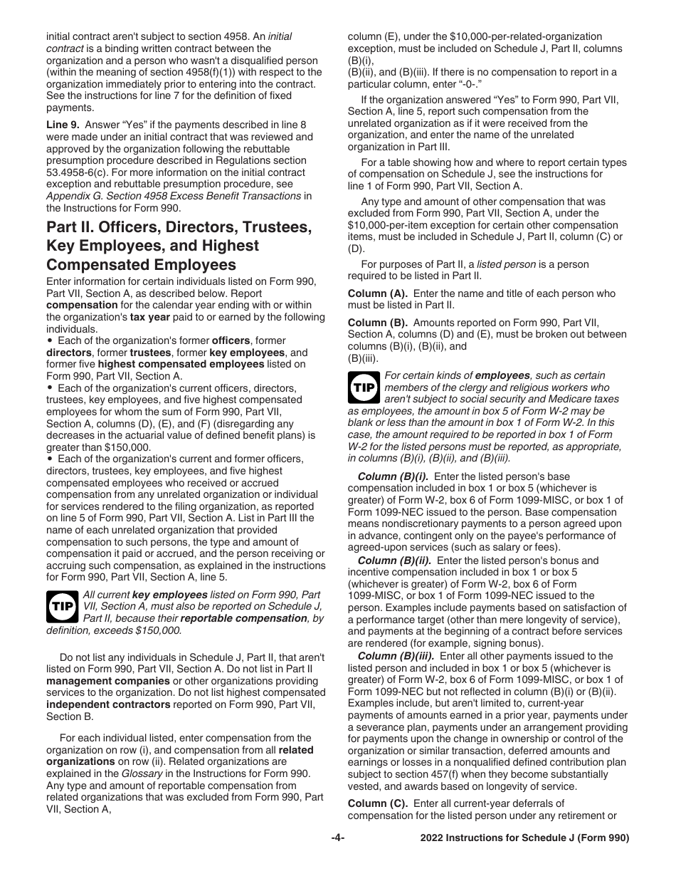 Instructions for IRS Form 990 Schedule J Compensation Information, Page 4
