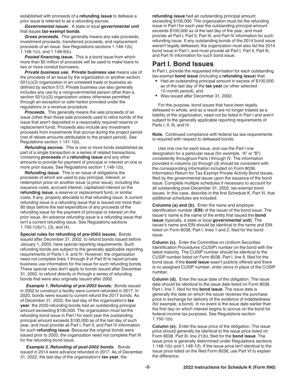 Instructions for IRS Form 990 Schedule K Supplemental Information on Tax-Exempt Bonds, Page 2