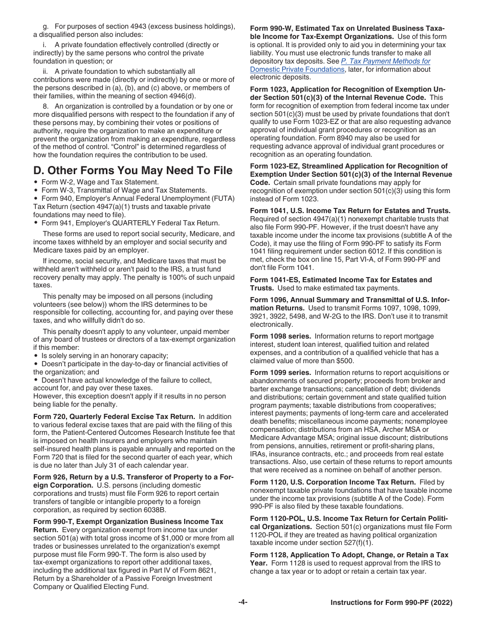 Instructions for IRS Form 990-PF Return of Private Foundation or Section 4947(A)(1) Nonexempt Charitable Trust Treated as a Private Foundation, Page 4