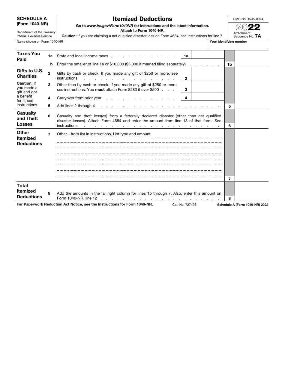 IRS Form 1040-NR Schedule A Itemized Deductions, Page 1