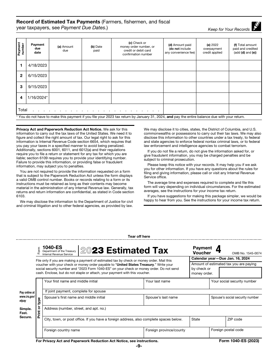 IRS Form 1040ES Download Fillable PDF or Fill Online Estimated Tax for