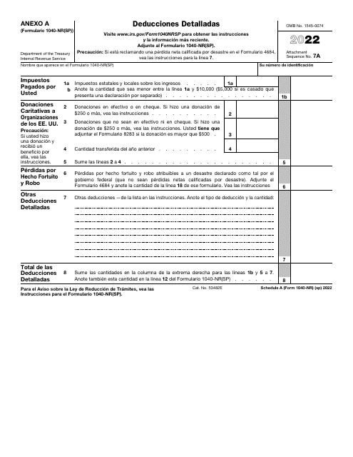IRS Formulario 1040-NR(SP) Anexo A 2022 Printable Pdf