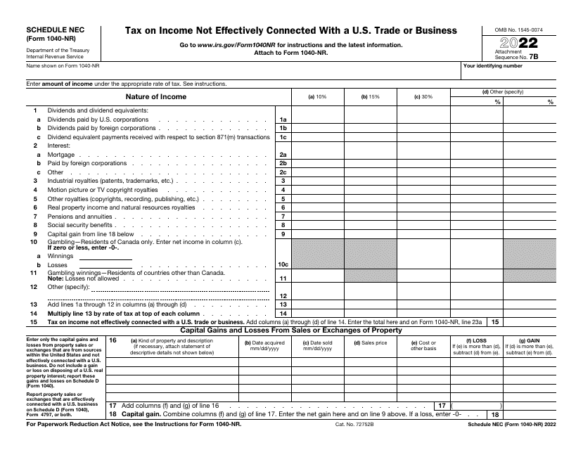 IRS Form 1040-NR Schedule NEC 2022 Printable Pdf