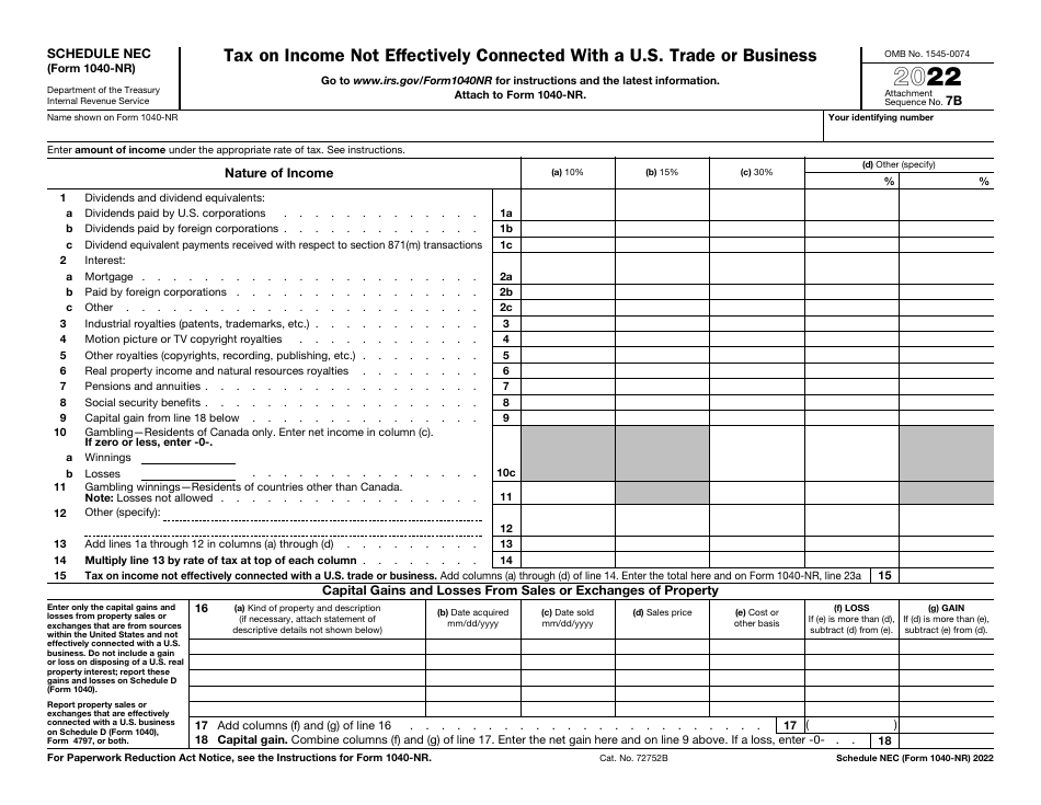 IRS Form 1040-NR Schedule NEC Tax on Income Not Effectively Connected With a U.S. Trade or Business, Page 1